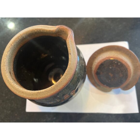 Vtg 1979's Handmade Blue & Brown Glazed Ceramic Honey Jar With Lid And Honey Dip - Picture 8 of 10